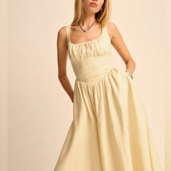 NEW Reformation Balia Linen Midi Dress in Parmesan Light Yellow | US 2 UK 6 - Picture 2 of 16
